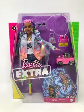 Grn29 Barbie Extra Doll #5 In Long-fringe Denim Jacket With Pet Puppy Rainbow Braids