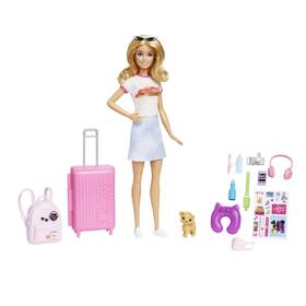 Barbie Hjy18 Doll And Accessories Malibu Travel Set With Puppy 10 Pieces Inclu